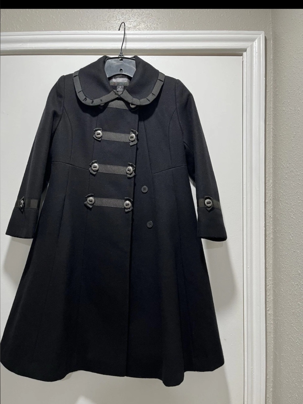 Vintage Rothschild Girls 8 Black Ruffled Peter Pan Collar Swing Wool Dress Coat